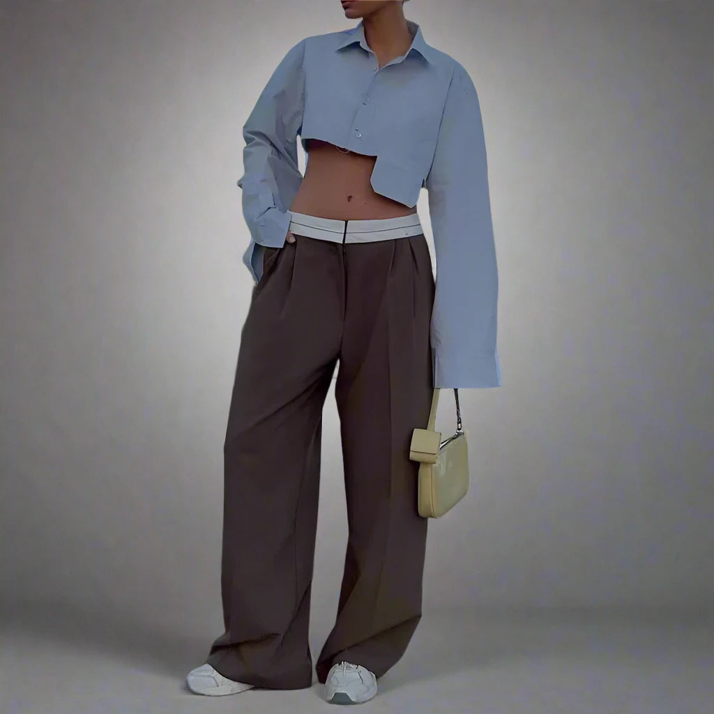 Casual Pleated Wide Leg High Waist Trousers