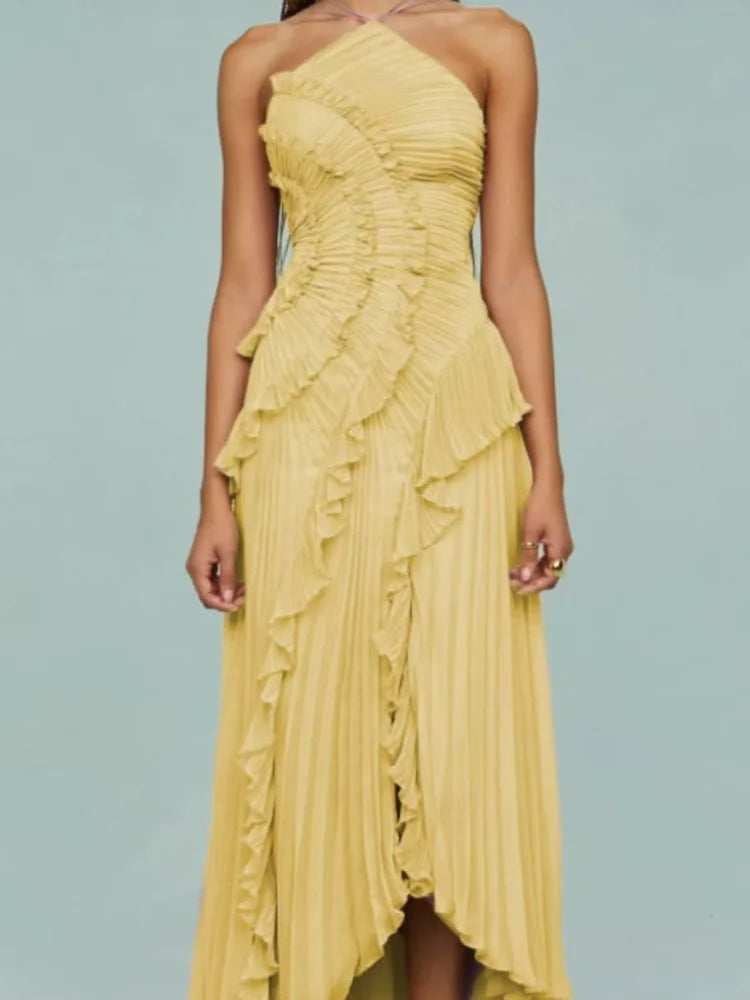 F/W 25’ Lotus Edge Pleated Halter Maxi Dress