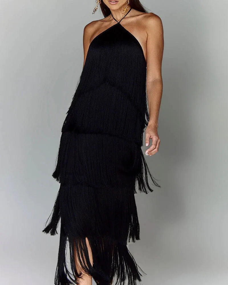 F/W 25' Fringed Backless Slit Maxi Dress