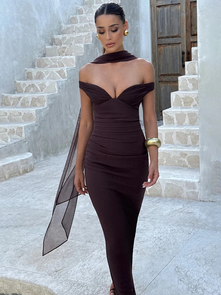 F/W 25' Off-Shoulder Satin Maxi Dress