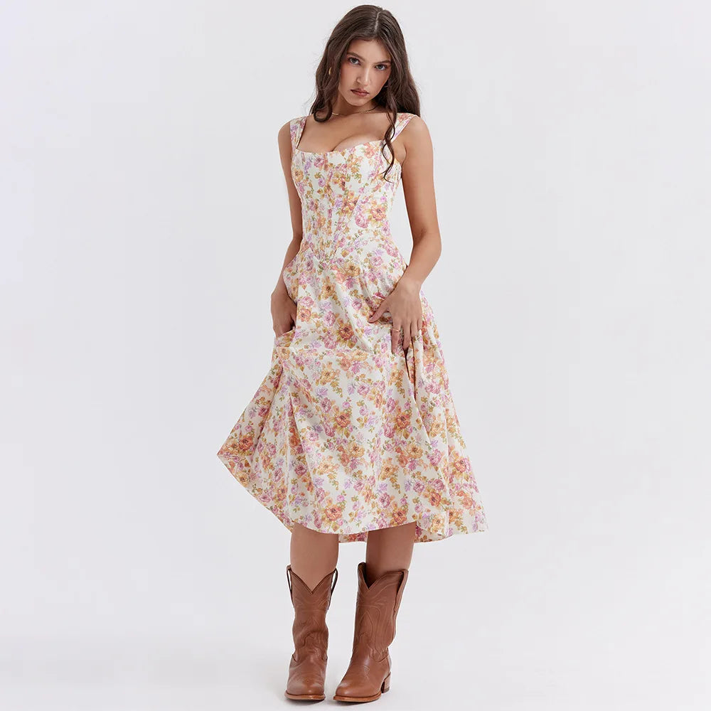 S/S 25' Lace Up Floral Midi Sundress
