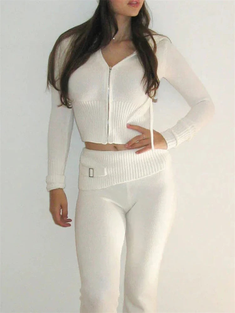 Gia Knitwear Two Piece Trousers and Sweater Crop Top Set