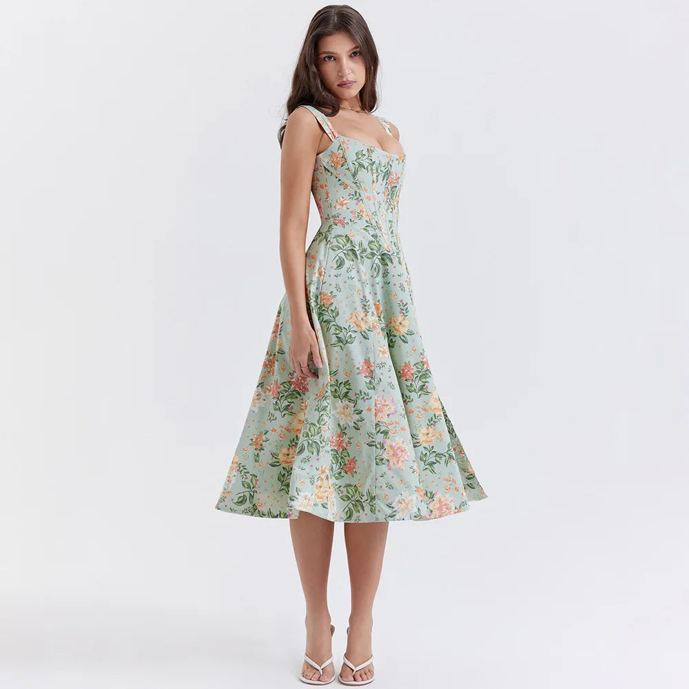 S/S 25' Lace Up Floral Midi Sundress