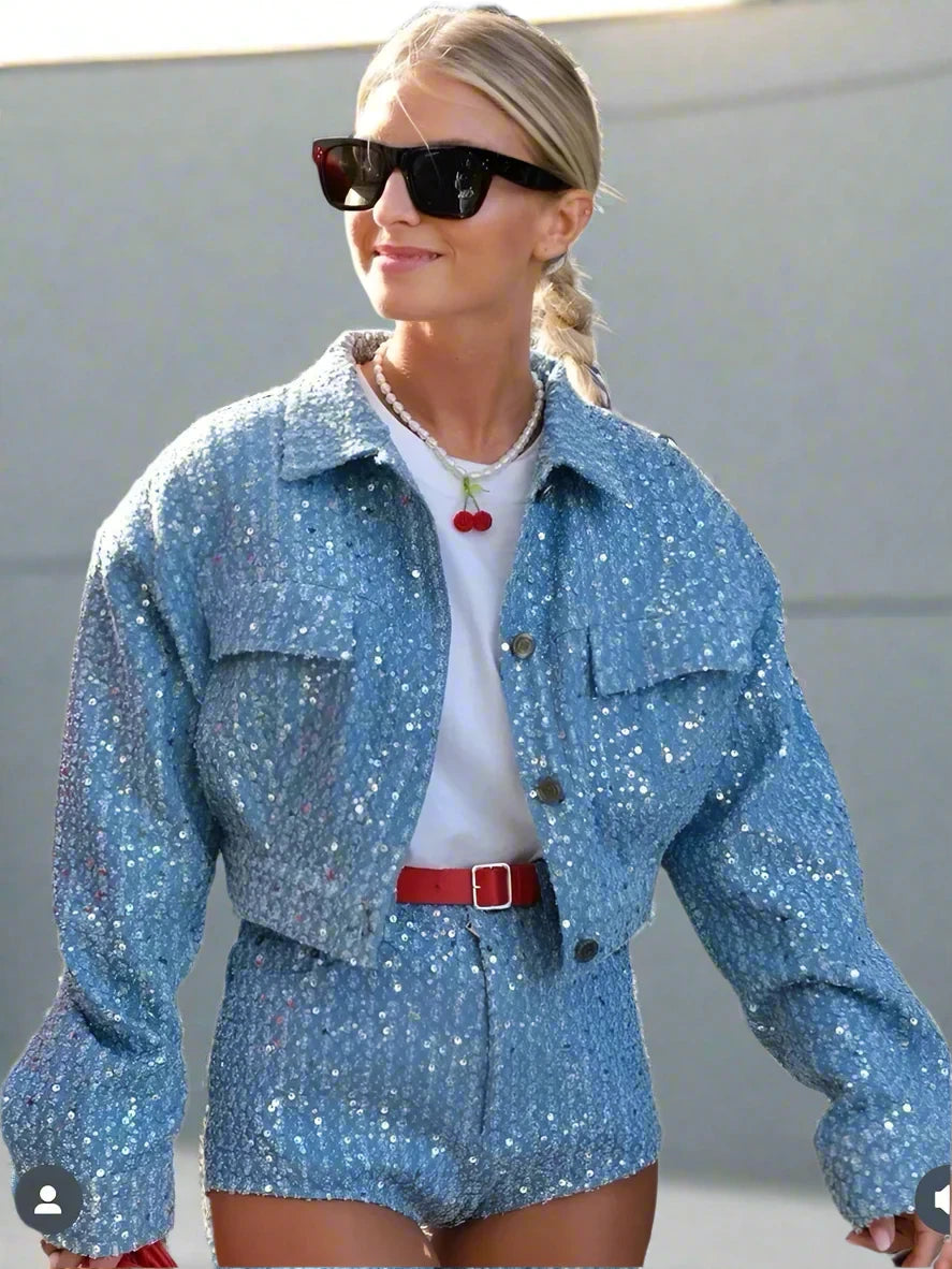 Starry Glow Two Piece Denim Shorts Set