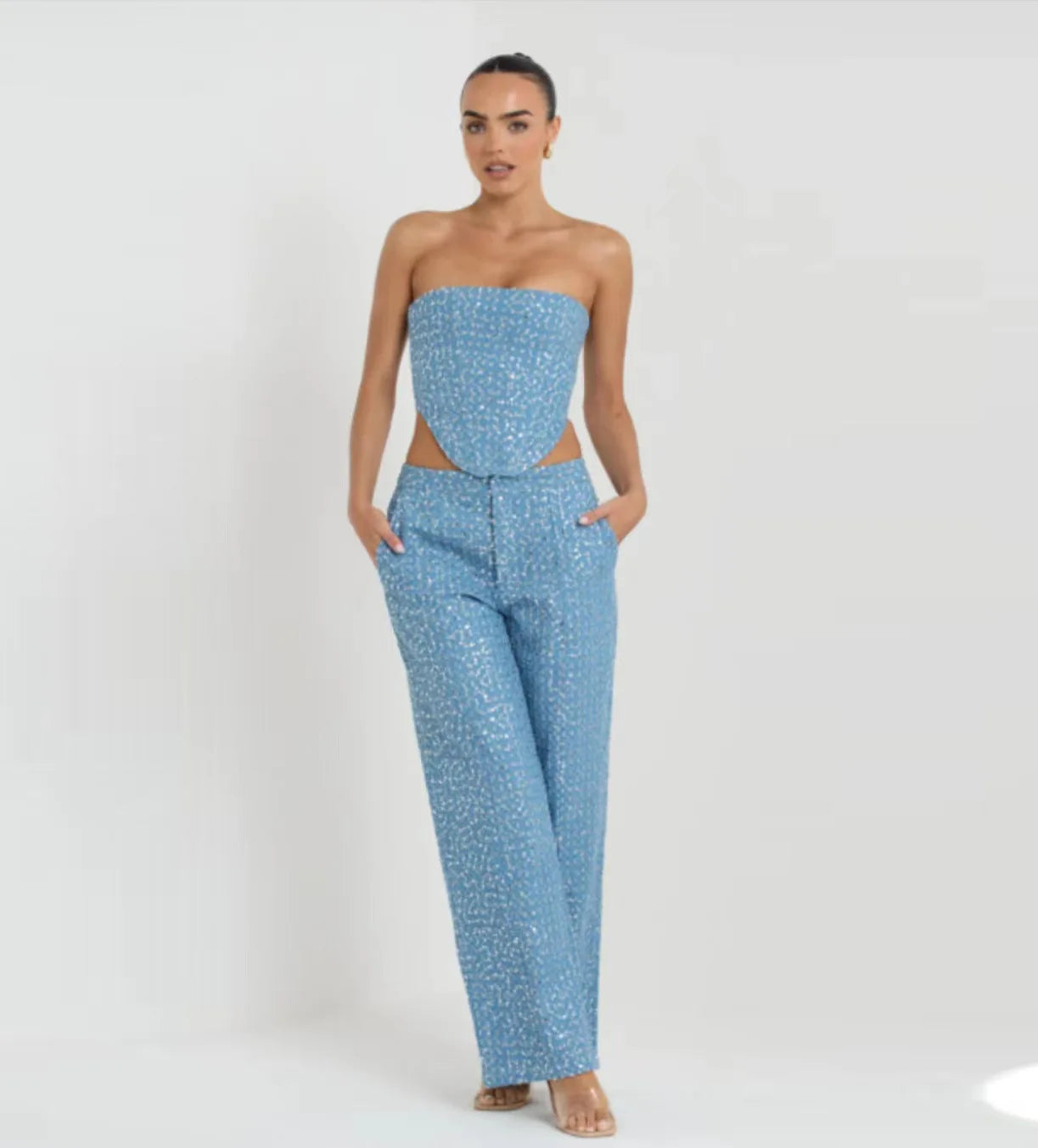 Starry Glow Two Piece Denim Pants Set