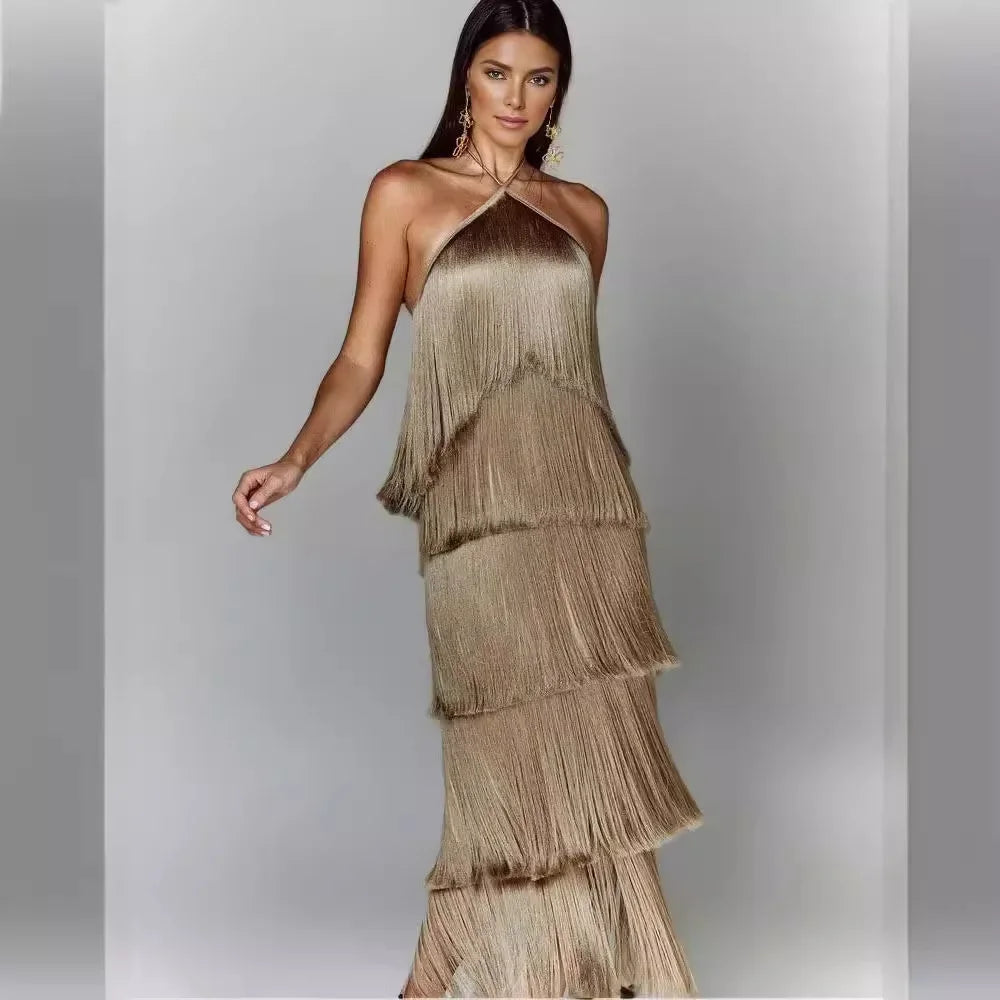 F/W 25' Fringed Backless Slit Maxi Dress