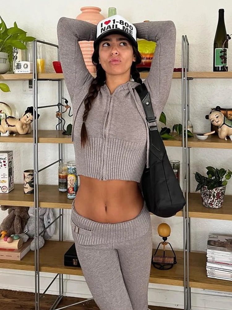 Gia Knitwear Two Piece Trousers and Sweater Crop Top Set