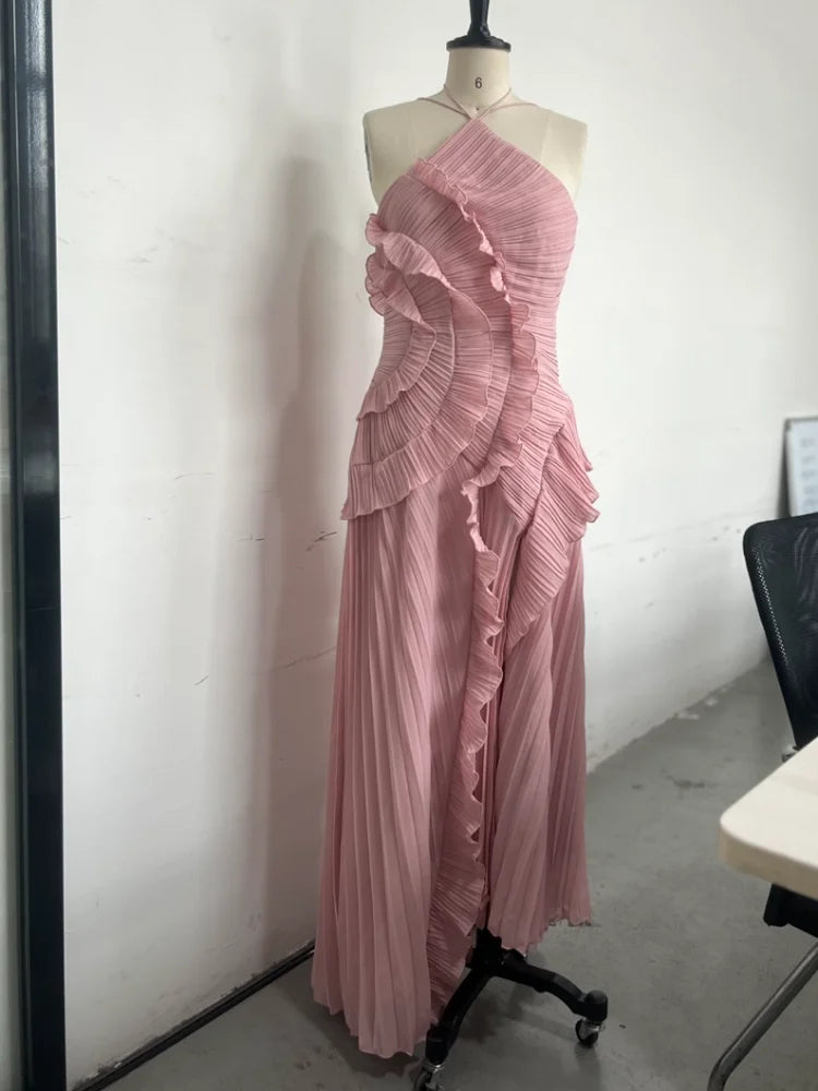F/W 25’ Lotus Edge Pleated Halter Maxi Dress