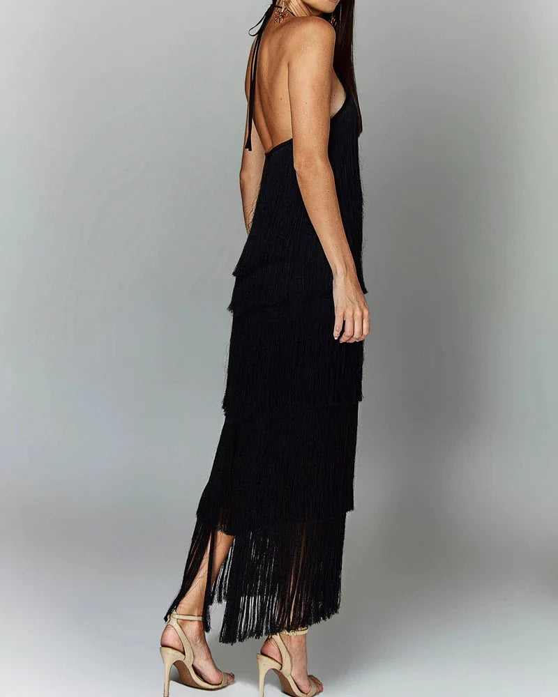 F/W 25' Fringed Backless Slit Maxi Dress