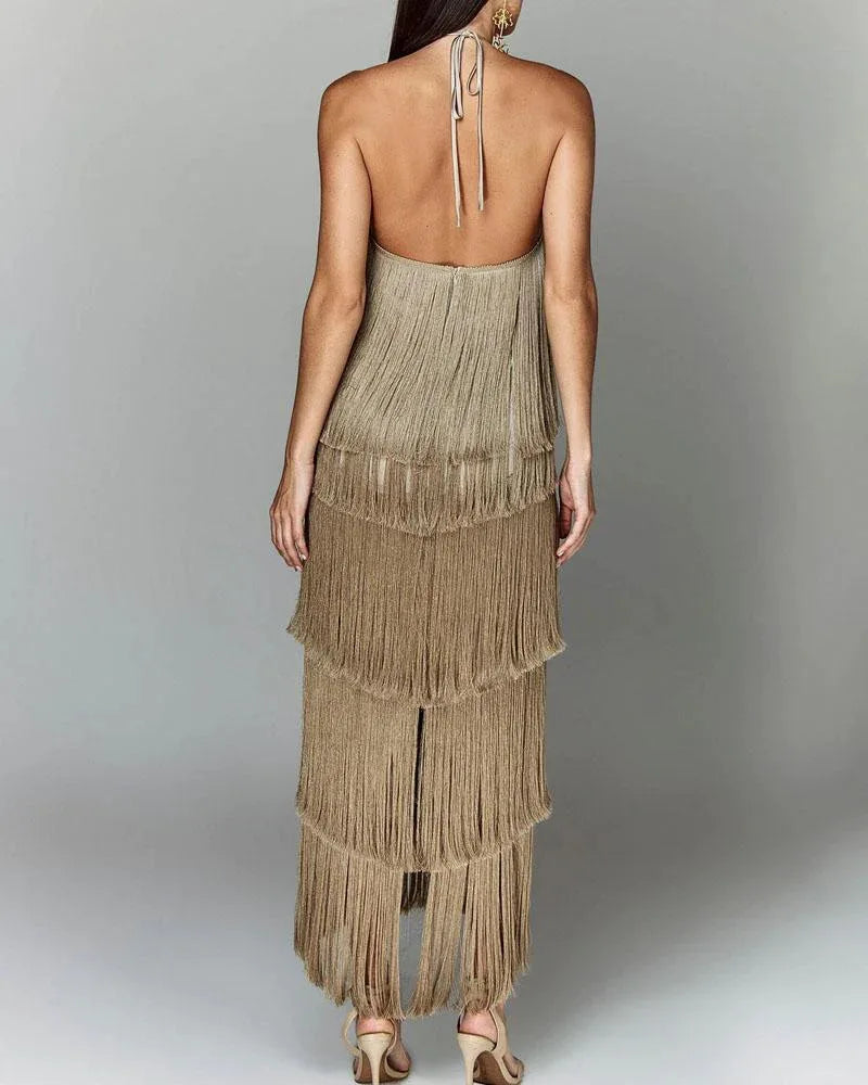 F/W 25' Fringed Backless Slit Maxi Dress