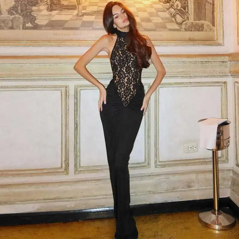 F/W 25' Lace Halter Backless Maxi Dress