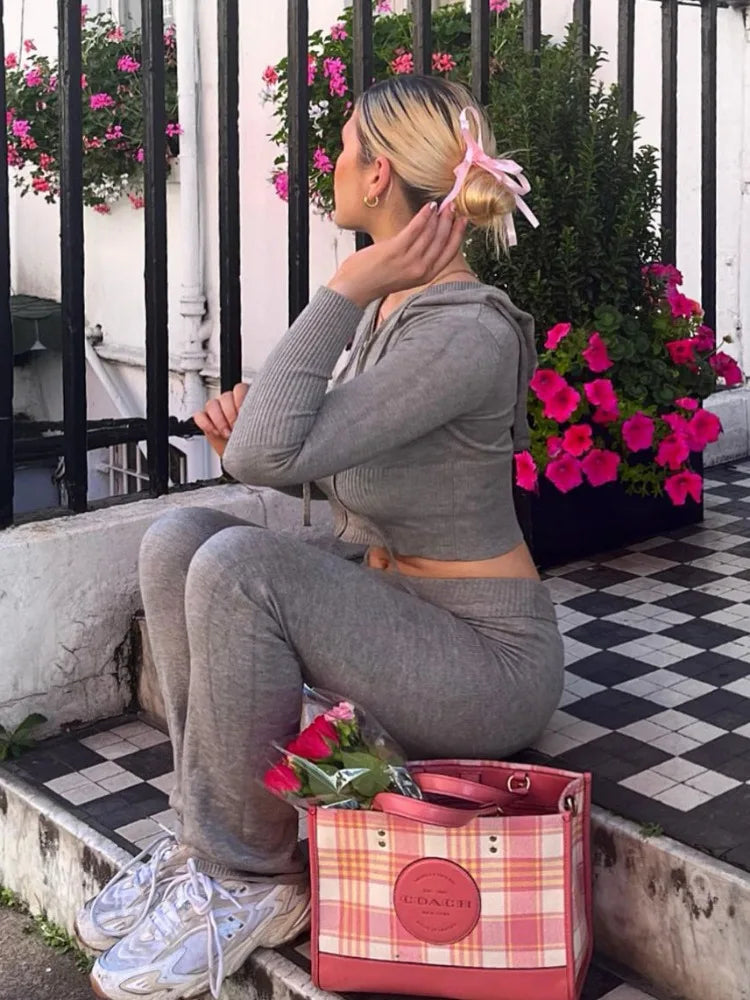 Gia Knitwear Two Piece Trousers and Sweater Crop Top Set