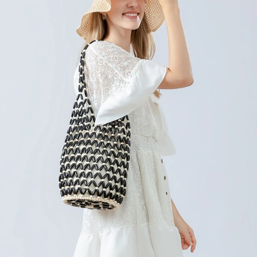 Luna Beaded Hollow-Weave Shoulder Bag