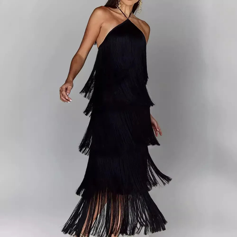 F/W 25' Fringed Backless Slit Maxi Dress