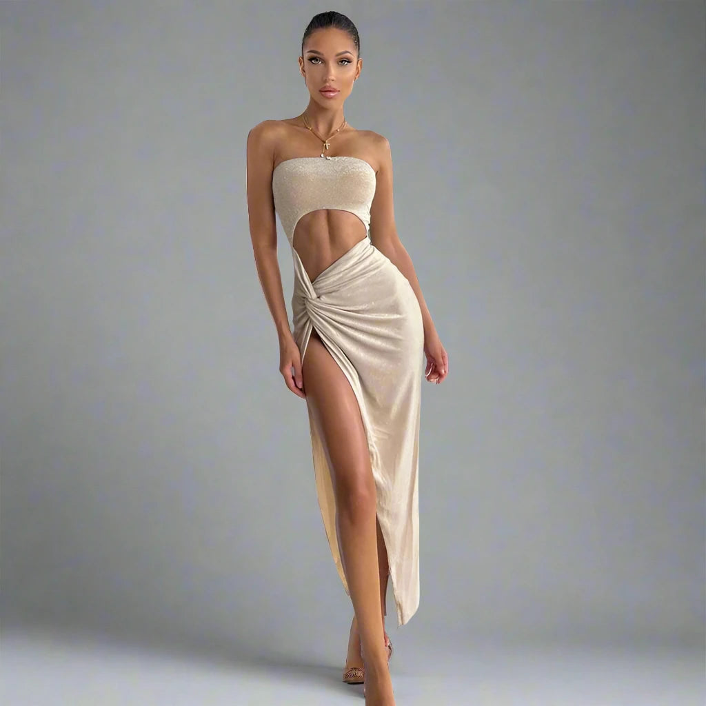Sleeveless Slit Hollow Out Elegant Midi Dress