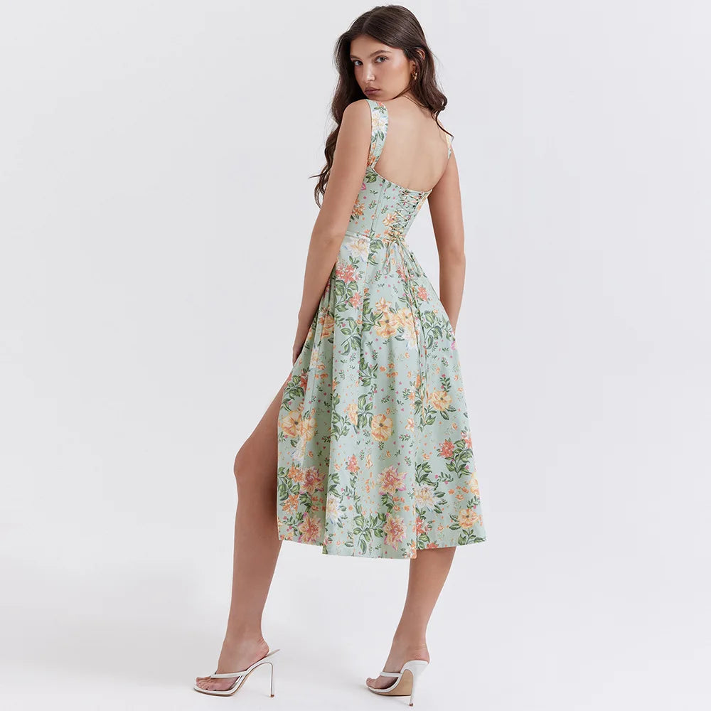 S/S 25' Lace Up Floral Midi Sundress