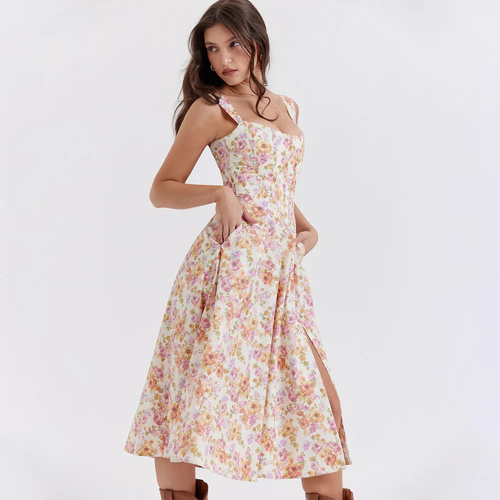 S/S 25' Lace Up Floral Midi Sundress
