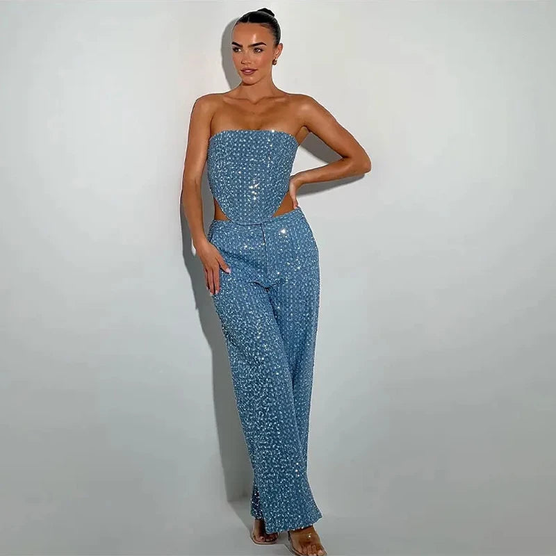 Starry Glow Two Piece Denim Pants Set
