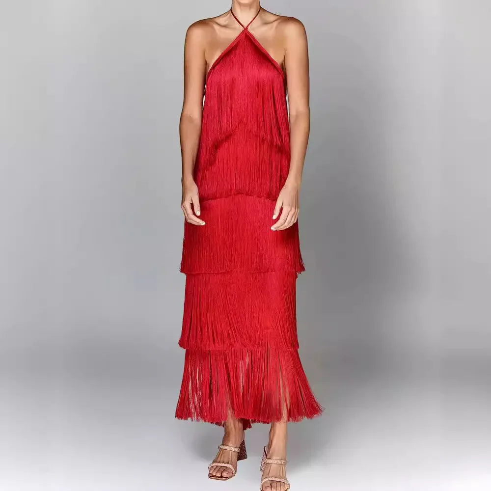 F/W 25' Fringed Backless Slit Maxi Dress
