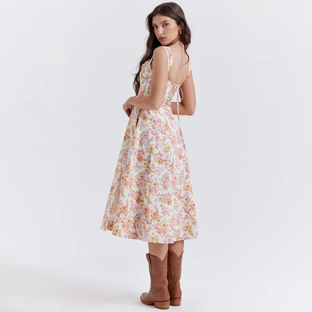 S/S 25' Lace Up Floral Midi Sundress