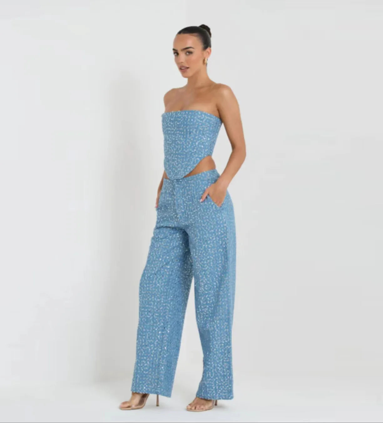Starry Glow Two Piece Denim Pants Set