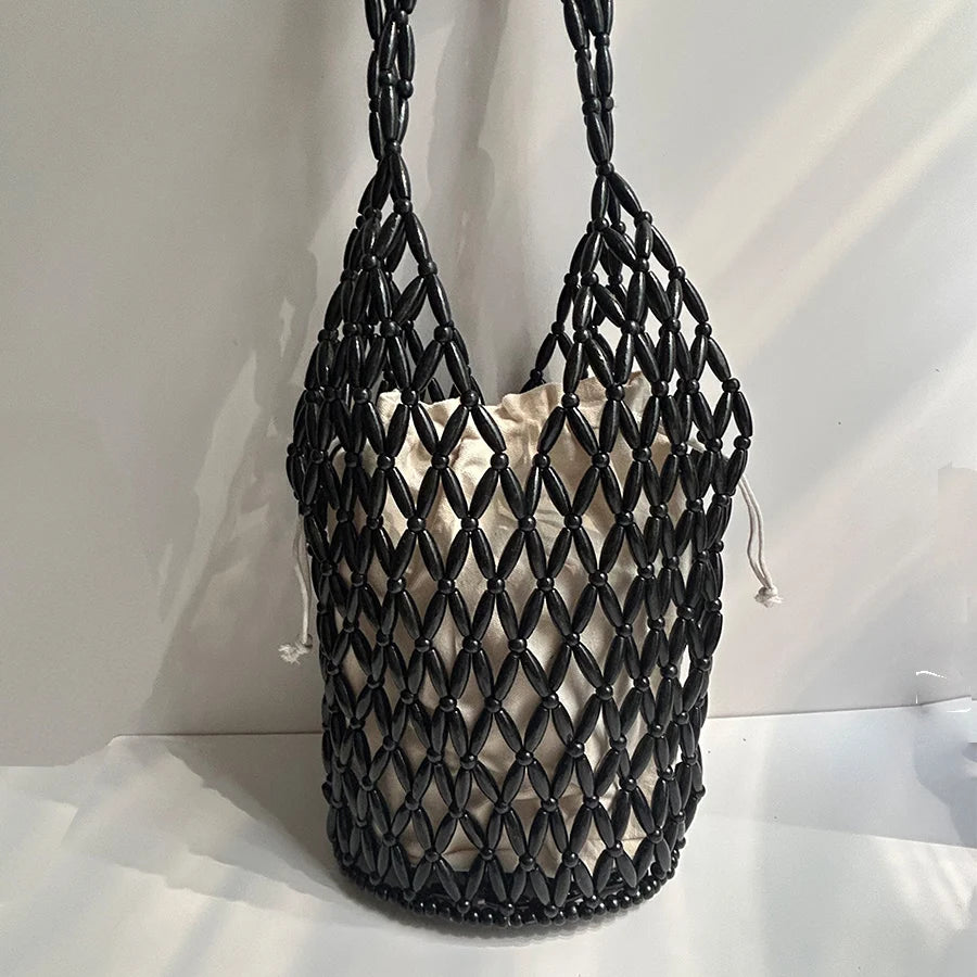 Luna Beaded Hollow-Weave Shoulder Bag