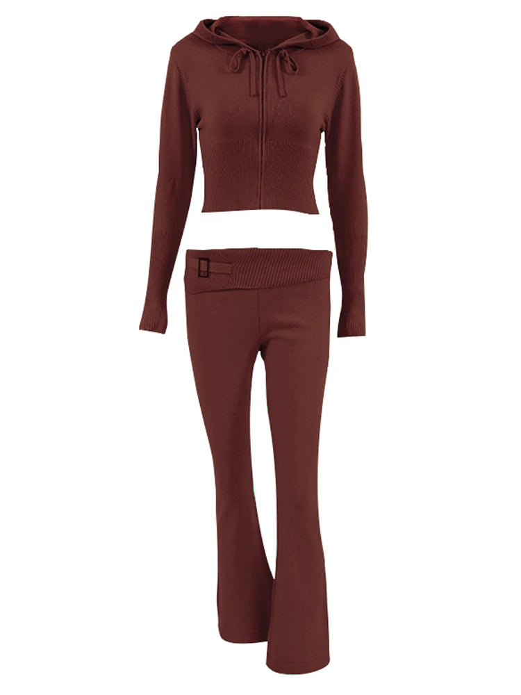 Gia Knitwear Two Piece Trousers and Sweater Crop Top Set